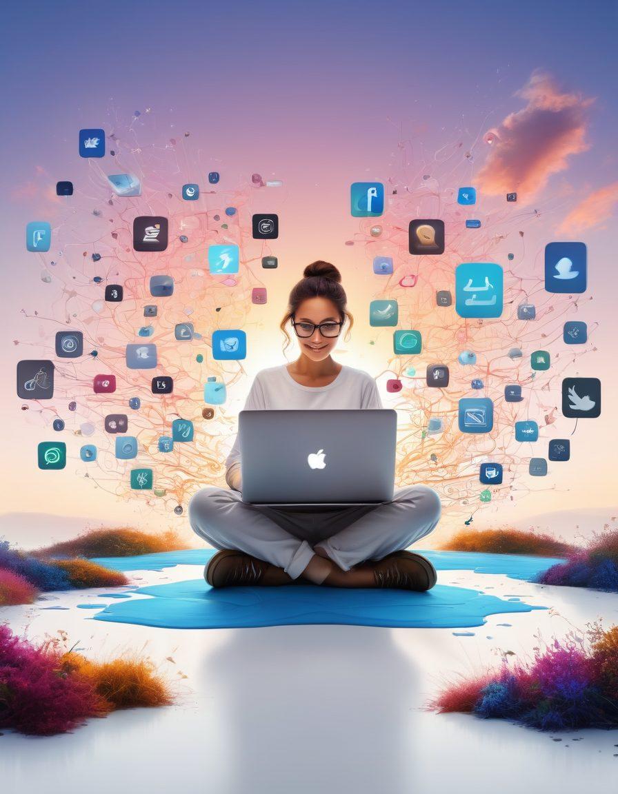 A vibrant digital landscape depicting a person typing on a laptop, surrounded by floating icons representing social media, blogs, and web elements. In the background, there's a colorful illustration of connected networks symbolizing community and engagement, with a sunrise illuminating the scene to symbolize new beginnings. The atmosphere feels energetic and inspiring, encouraging creativity and growth. super-realistic. vibrant colors. white background.