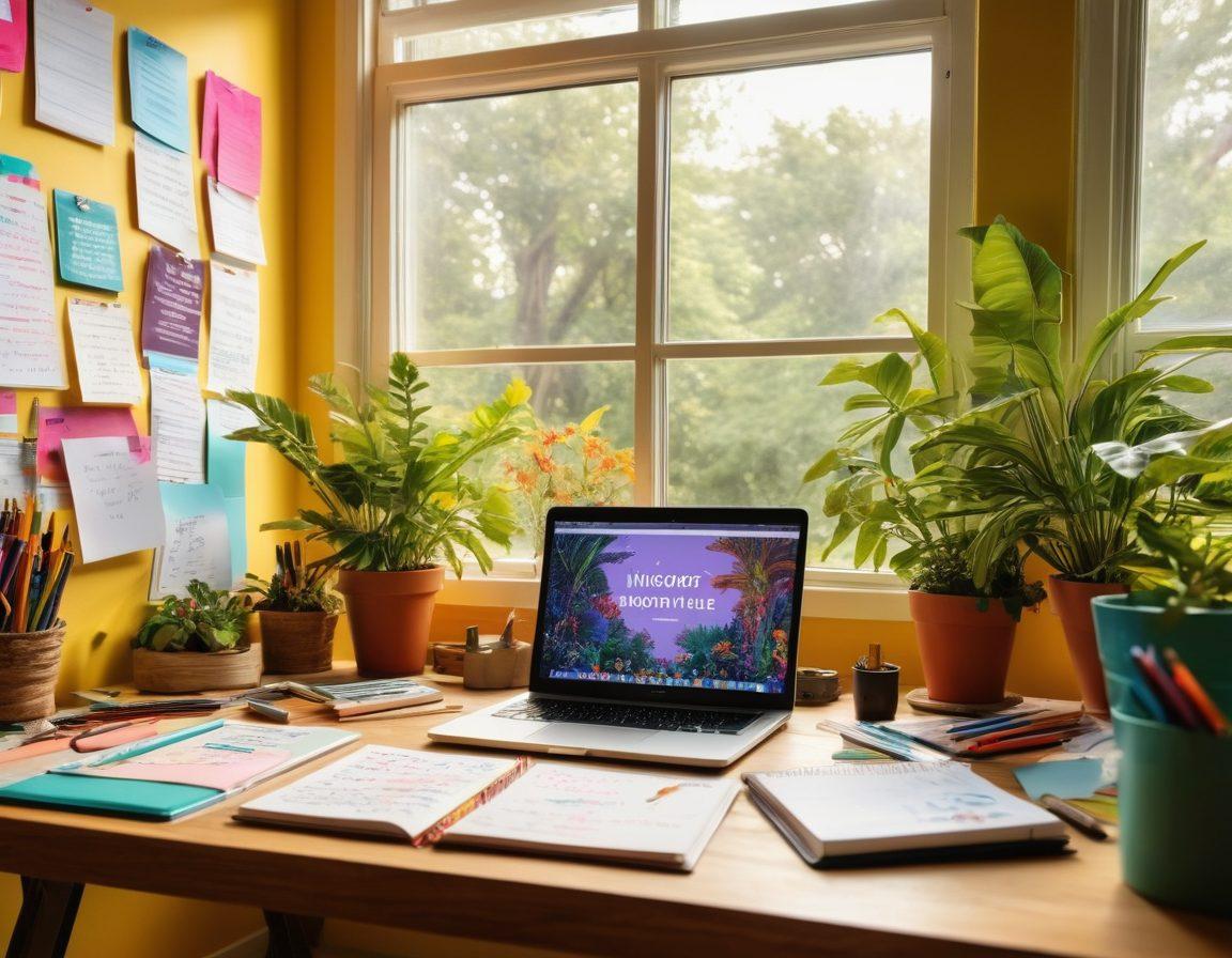 A vibrant workspace filled with creative tools like notebooks, colorful pens, and a laptop, surrounded by inspirational quotes and nature elements like plants and sunlight streaming through a window. A person joyfully brainstorming ideas, with colorful digital content visualizations floating around, symbolizing the journey of blogging. sunny, vibrant colors, super-realistic.
