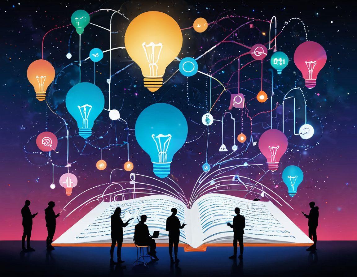 A serene digital landscape filled with floating, illuminated diaries and vibrant pages that appear to be sharing content. In the foreground, a diverse group of people engaged in collaboration, surrounded by symbols of creativity like light bulbs and chat bubbles. The sky above hints at a network of connections and engagement, illustrated with twinkling stars. Rollercoaster-like paths connecting different diary sections to represent navigation. cyberpunk style. vibrant colors. 3D elements.